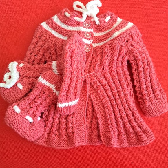 Pink Hand Knit Cardigan, hat and booties - Picture 2 of 3
